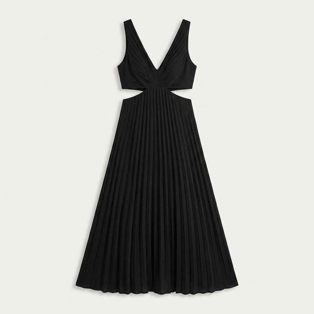 Robe longue plissée col V femme
