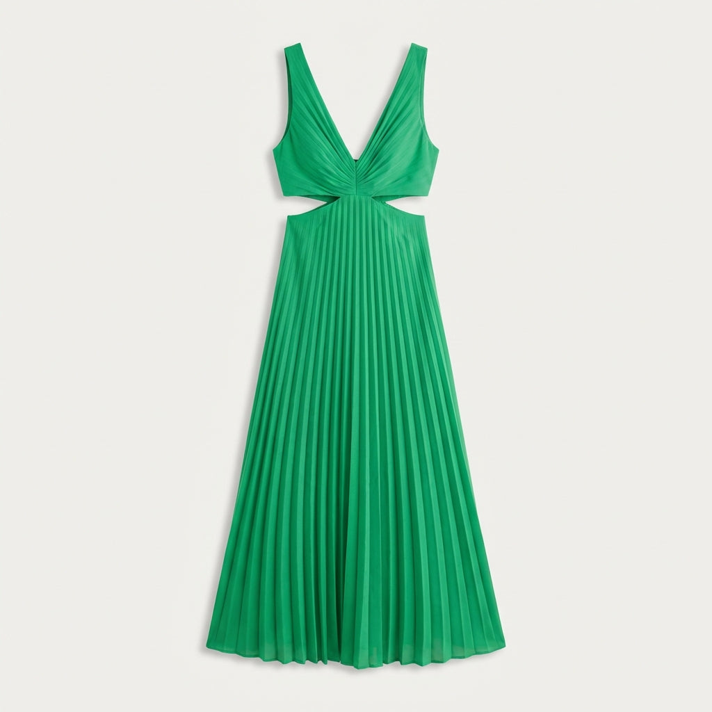 Robe longue plissée col V femme
