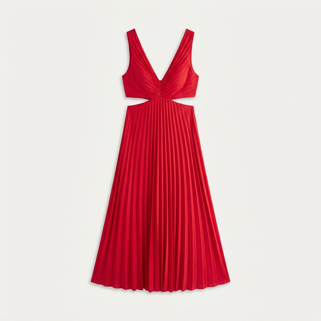 Robe longue plissée col V femme