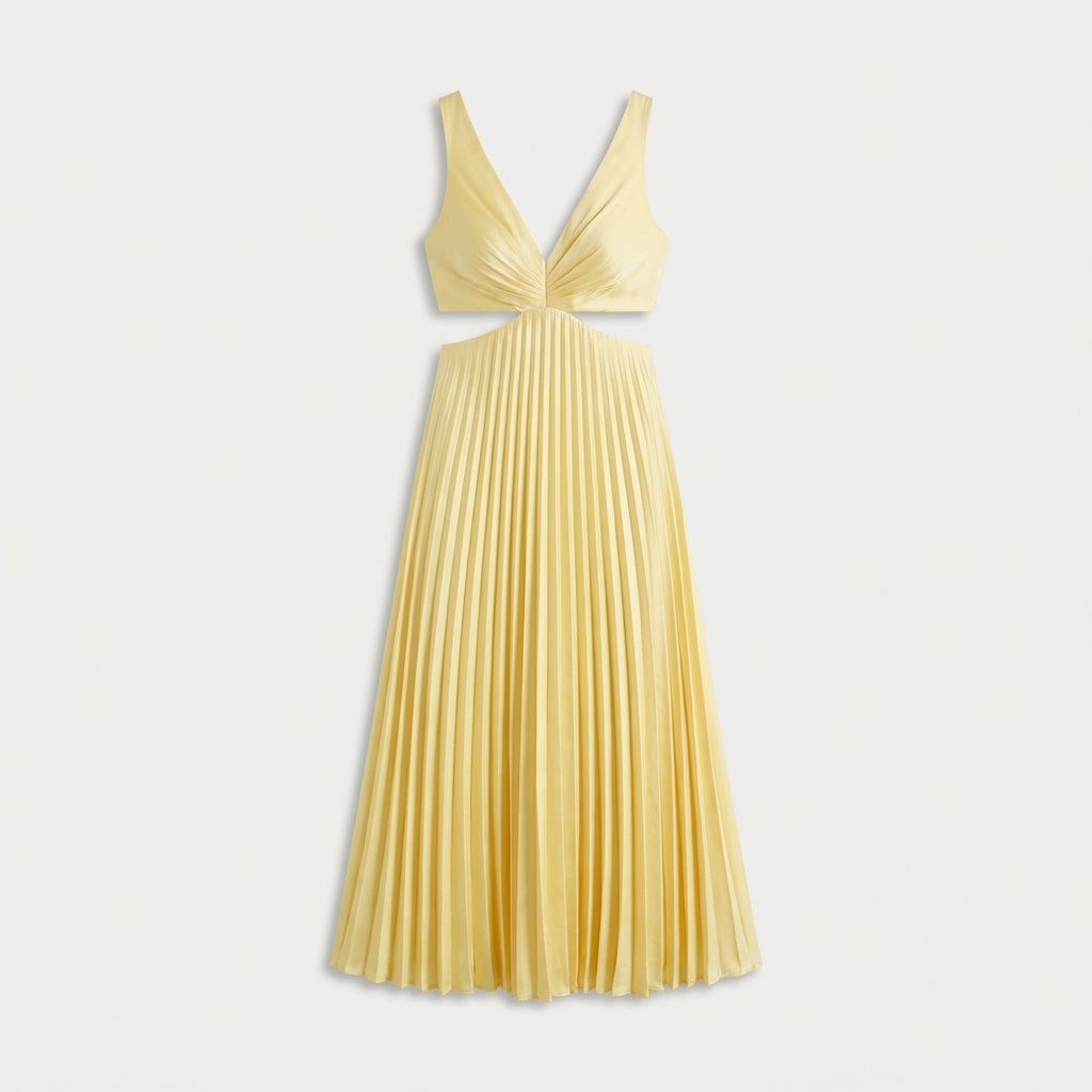 Robe longue plissée col V femme