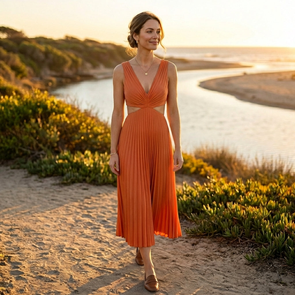 Robe longue plissée col V femme